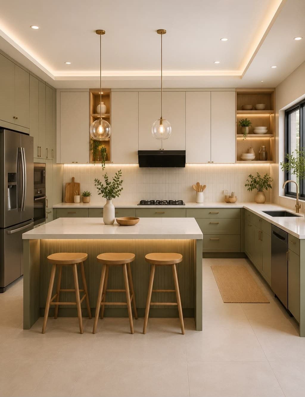 Cozinha planejada em verde sálvia com ilha e iluminação pendente